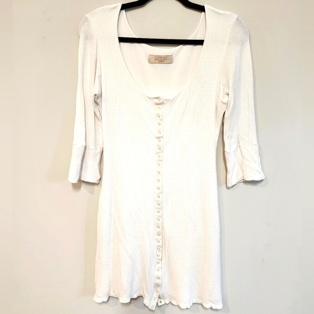 White Lucy Love Slip Snap Down Knit Mini Dress Long Sleeves